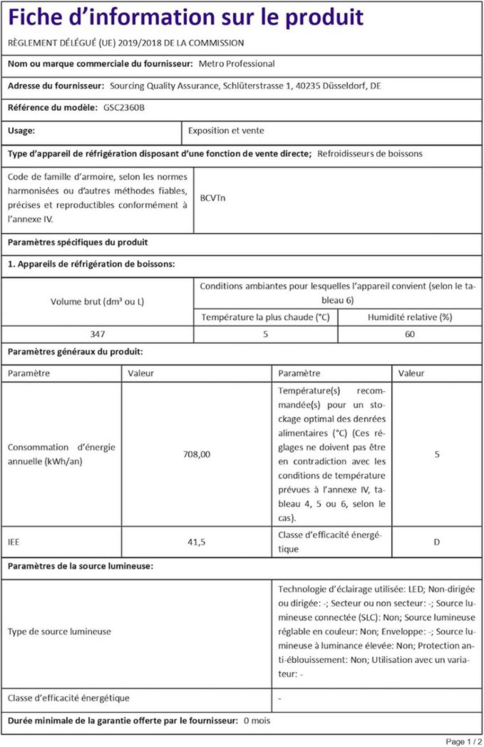 Réfrigérateur à boissons professionnel METRO GSC2360B, acier/verre, 62 x 63,6 x 175,3 cm, 347 L, avec serrure, noir