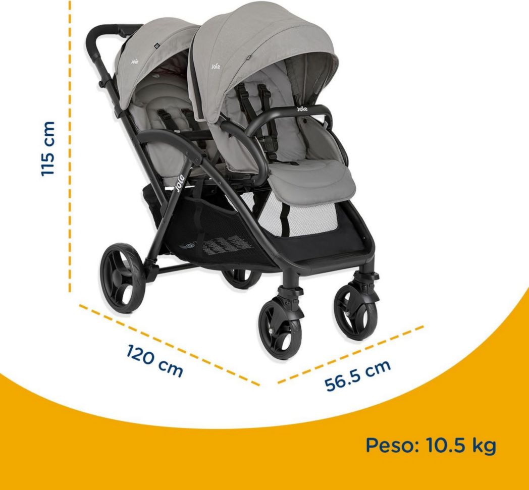 Joie - Evalite™ Duo - Poussette double - Siège arrière inclinable - Pliage facile et compact - Compatible siège auto - Suspension 4 roues - Harnais SoftTouch 5 points - Convient dès la naissance