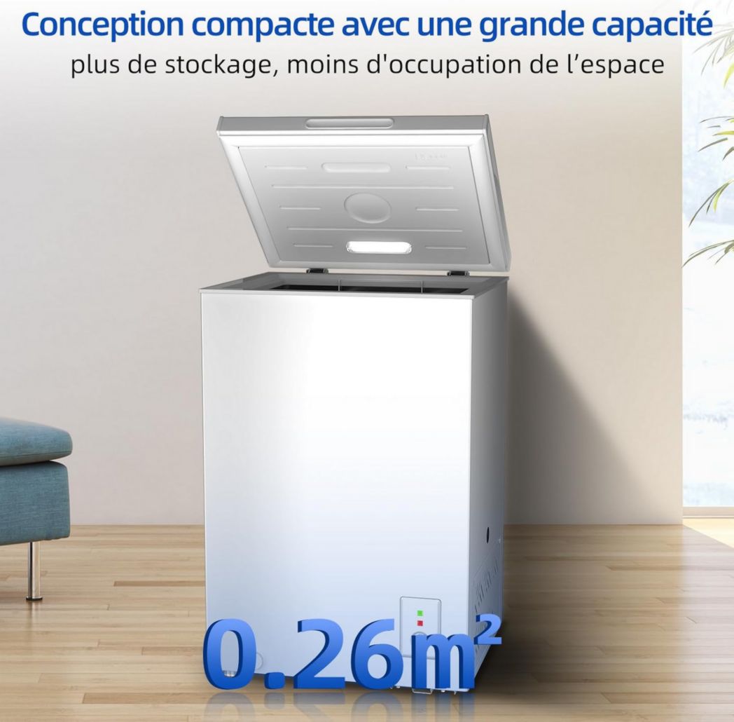 Congélateur coffre CHIQ 142 L, 63,5 x 55,6 x 83,5 cm, congélateur Inverter, affichage de la température extérieure, congélation rapide -32 °C, grille métallique, faible niveau sonore