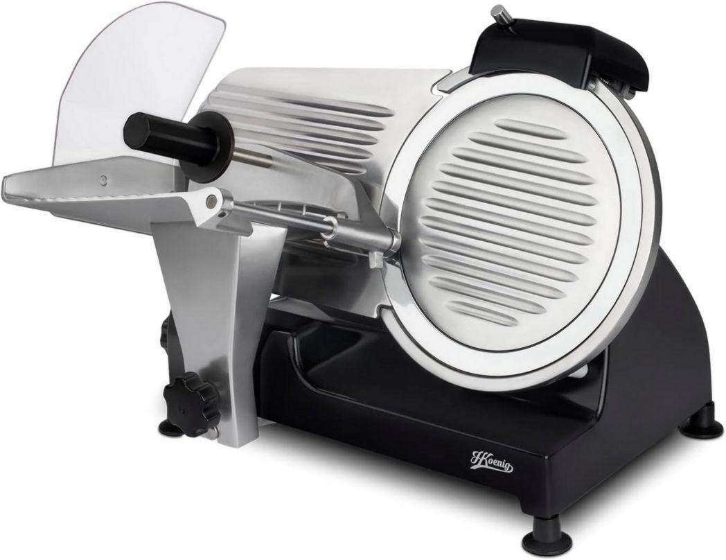 Trancheuse à viande électrique H.Koenig MSX254, Charcuterie, Professionnelle, Précise, Coupe 0-12 mm, Lame 25 cm, Aiguiseur intégré, Grand plateau, 282 tr/min, Rouge