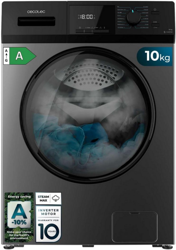 Lave-linge frontal Cecotec Bolero Dresscode 9410 Inverter A 9 kg. Puissance : 1 900 W, 1 400 tr/min réglable, 16 programmes, faible consommation d'énergie, vapeur, stérilisation du linge.
