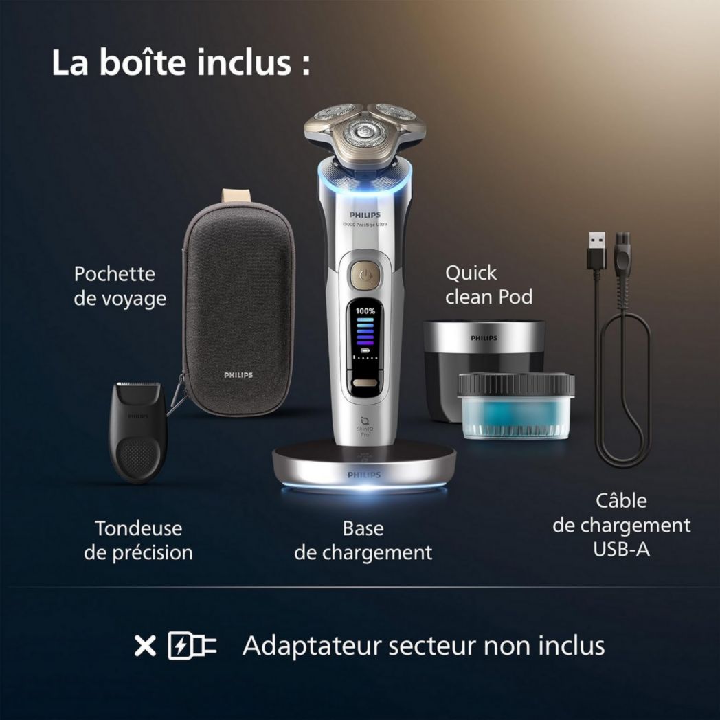 Rasoir Philips i9000 Prestige Ultra, rasoir électrique 100 % étanche, technologie Skin IQ Pro, système Triple Lift & Cut, lames de précision NanoTech rotatives à 360°, 5 modes de rasage, XP9401/38