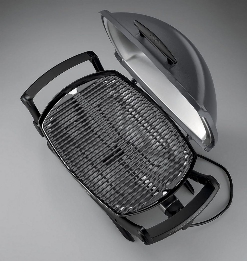 Barbecue électrique Weber Q2400 avec support et tablettes latérales, surface de cuisson 54 x 39 cm, grille en fonte émaillée (2 parties), couvercle et cuve en fonte d'aluminium - Gris foncé (55020053)