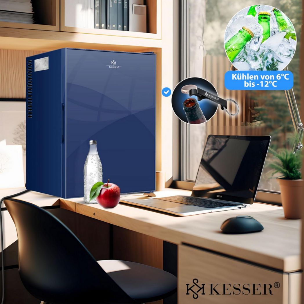 Mini-réfrigérateur KESSER® avec serrure, mini-bar 40 l, silencieux, 22 dB, verrouillable, chambre, butée de porte amovible, environ 4 à 16 °C, hauteur 57 cm, éclairage intérieur