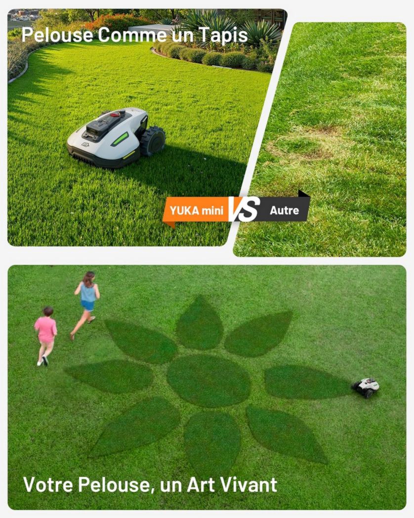 Tondeuse robot sans fil périphérique MAMMOTION YUKA Mini 500, NetRTK+Vision, aucune antenne RTK requise, surface recommandée : 500 m², max. 700 m², pente de 50 %, cartographie automatique, avec module 4G