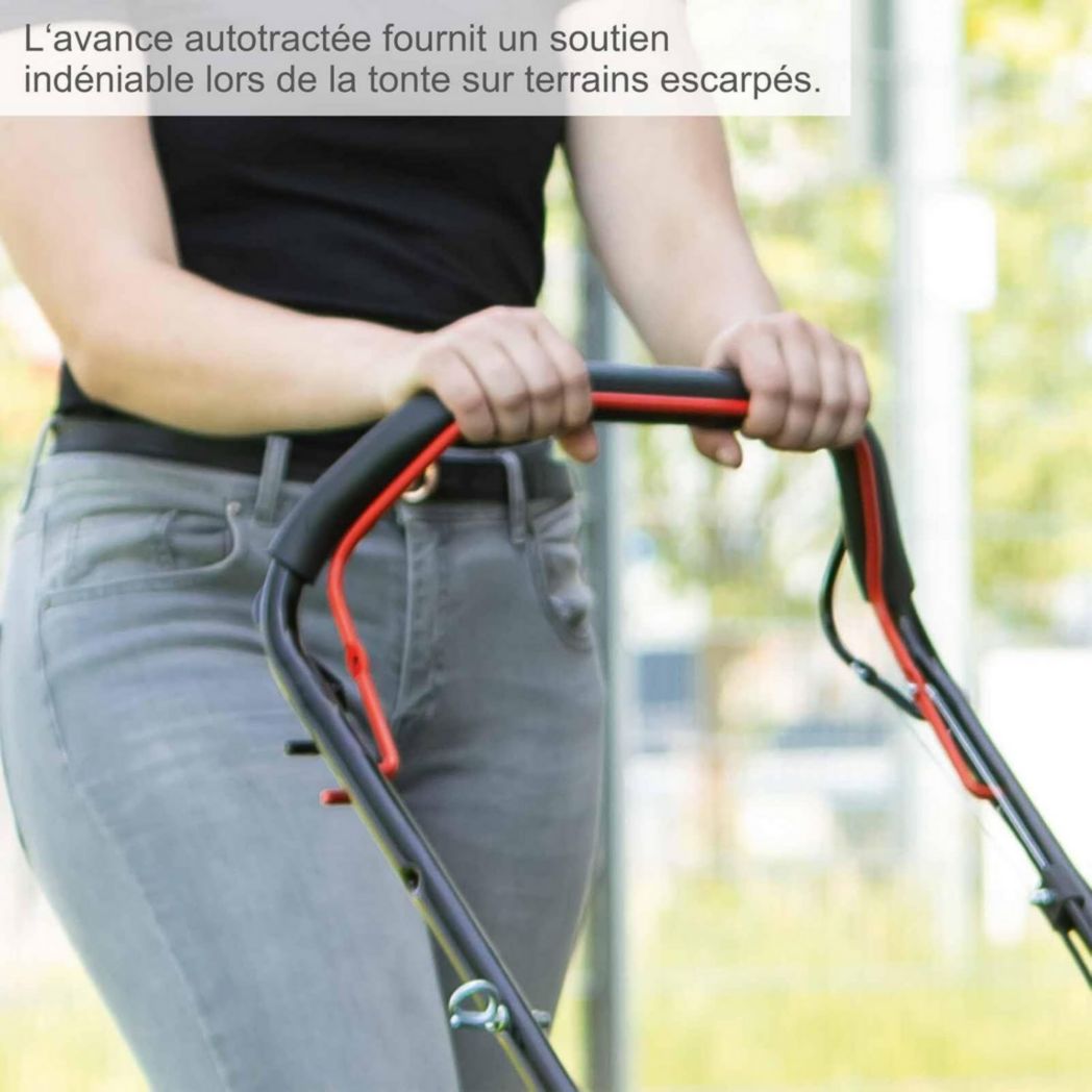 Tondeuse à gazon thermique Scheppach MS132-42 | 3,4 CV | Largeur de coupe de 42 cm | Robuste | Fonction mulching | Panier de 45 L | Réglage de la hauteur sur 7 niveaux (25-75 mm)