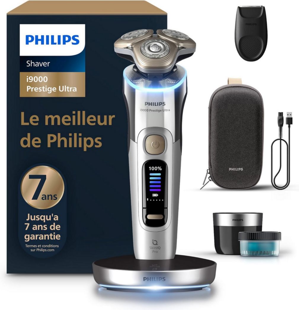 Rasoir Philips i9000 Prestige Ultra, rasoir électrique 100 % étanche, technologie Skin IQ Pro, système Triple Lift & Cut, lames de précision NanoTech rotatives à 360°, 5 modes de rasage, XP9401/38