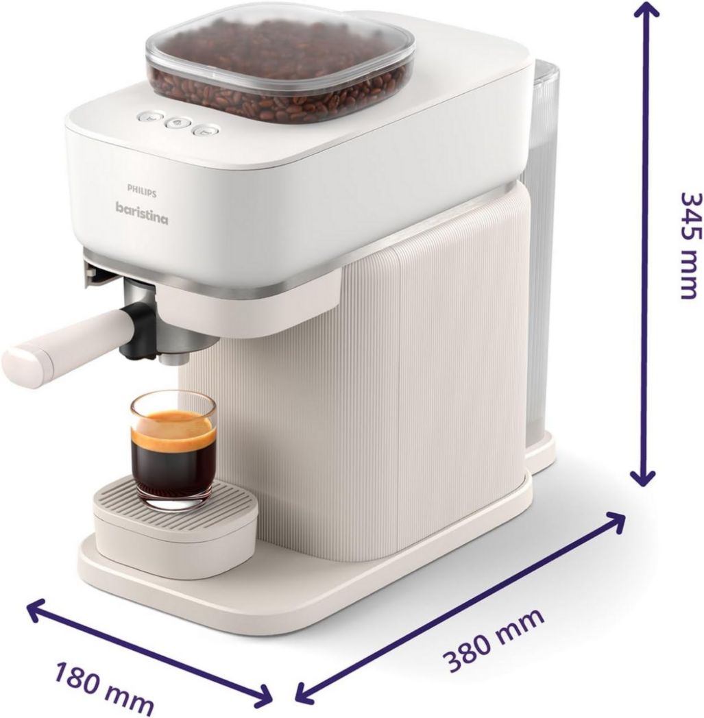 Machine à expresso Philips Baristina - Un véritable expresso, en toute simplicité - Compacte - 16 bars de pression - Broyeur intégré - Machine blanche avec porte-filtre blanc (BAR300/00)
