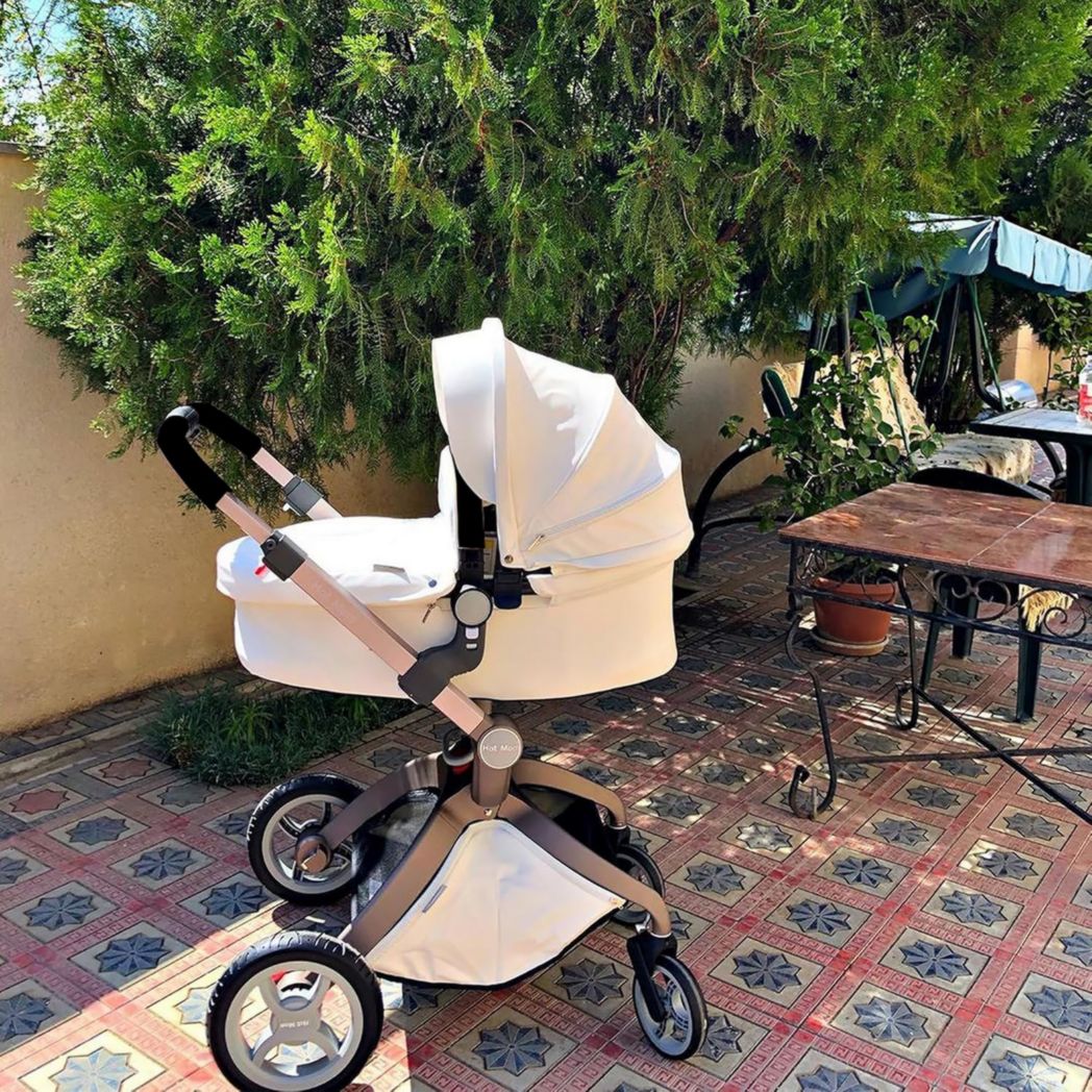 Poussette classique Hot Mom Combi 3 en 1, ensemble complet, cadre en aluminium, pneus en caoutchouc plein, protection contre la pluie et moustiquaire, modèle F22 (noir-3, avec siège auto)