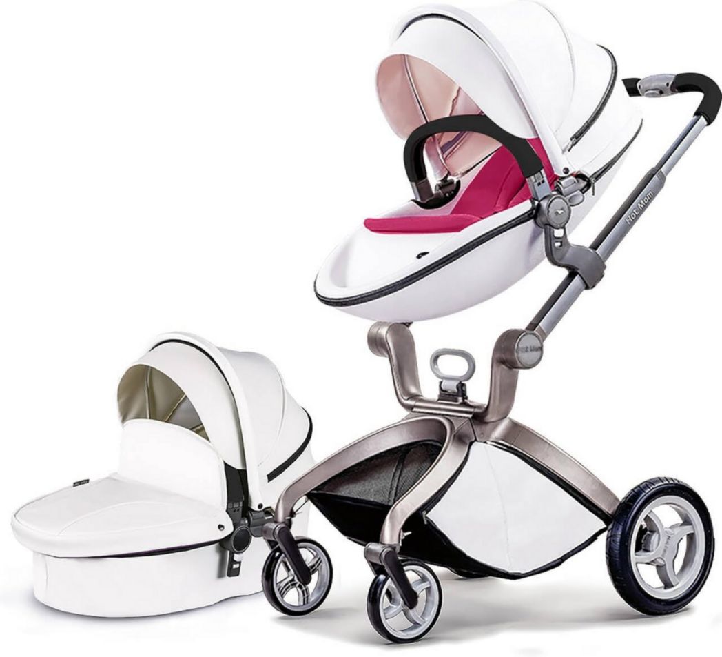 Poussette classique Hot Mom Combi 3 en 1, ensemble complet, cadre en aluminium, pneus en caoutchouc plein, protection contre la pluie et moustiquaire, modèle F22 (noir-3, avec siège auto)