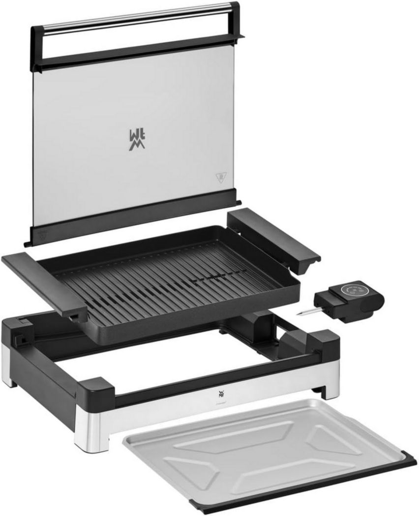 Barbecue électrique de table WMF Lono, acier inoxydable mat, avec couvercle en verre, 2 200 W, plaque de cuisson revêtue