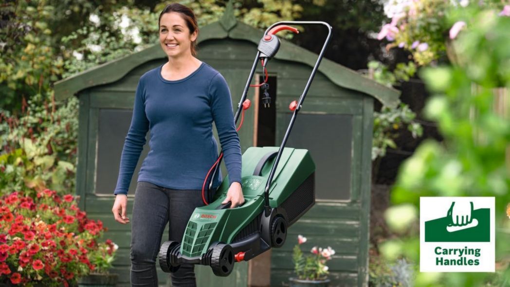 Tondeuse à gazon filaire Bosch EasyRotak 32-235 (moteur 1200 W, largeur de coupe 32 cm, bac de ramassage 31 L, pour petits jardins)