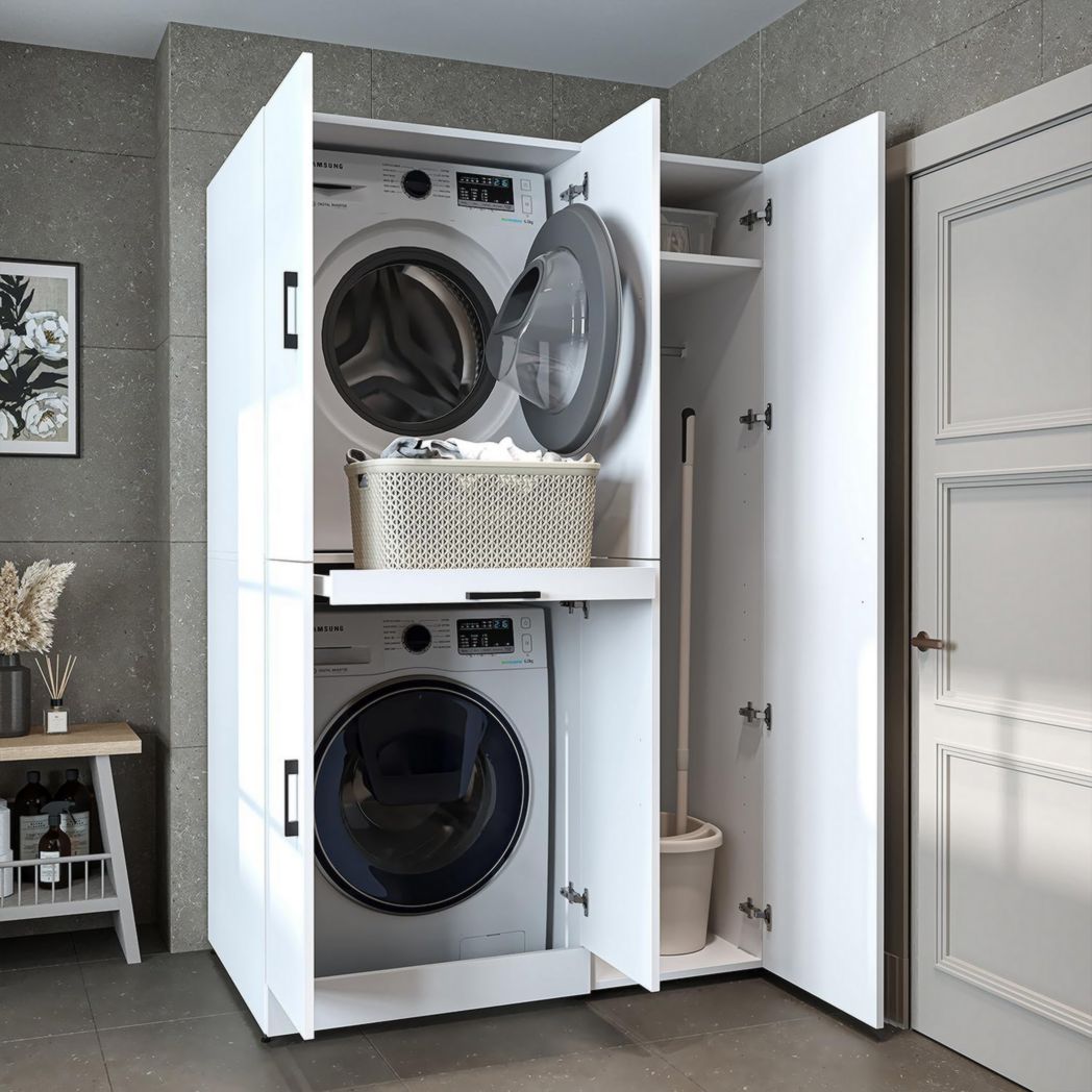 ROOMART Dora - Meuble pour machine à laver - Pour sèche-linge et machine à laver - En 4 couleurs - Avec portes et panneau coulissant - Blanc - Chêne blanc - Chêne anthracite - Chêne blanc (chêne blanc)