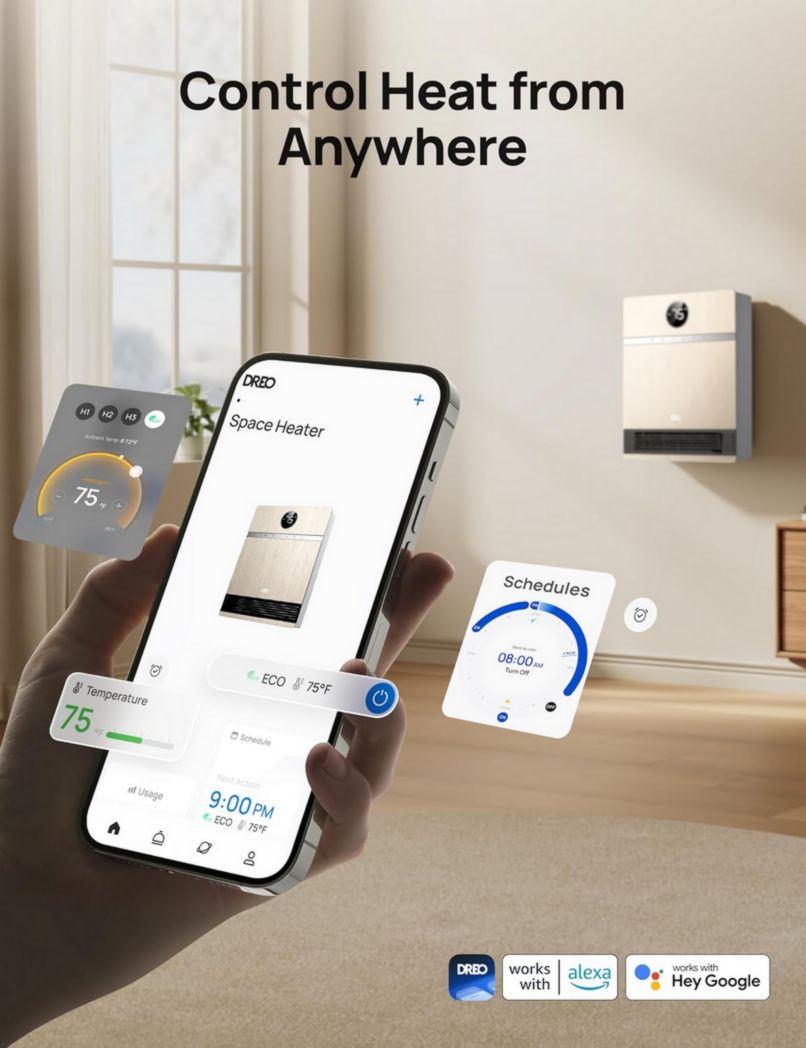 Chauffage mural intelligent Dreo - Sortie 30° - 1500 W - Thermostat réglable - Télécommande - Minuterie - Chauffage facile à monter pour l'intérieur - Fonctionne avec Alexa