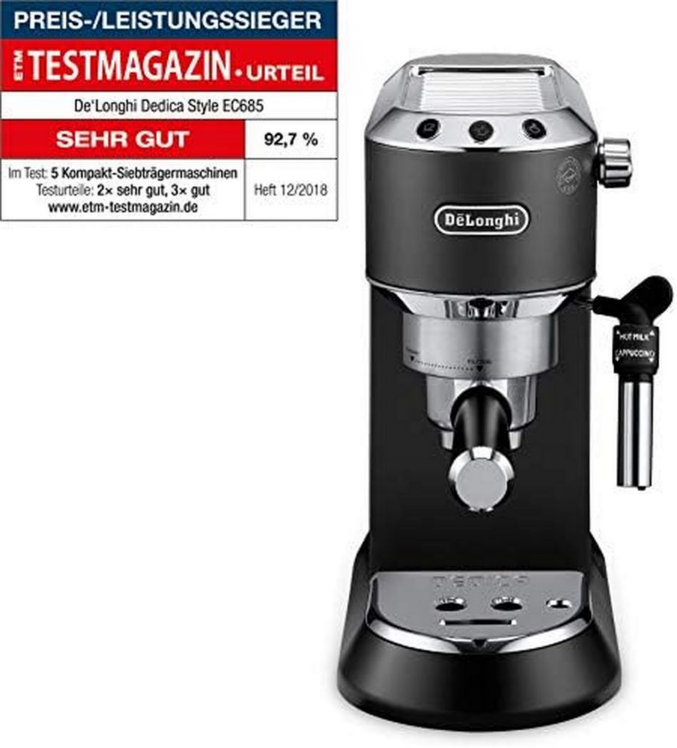 De'Longhi Dedica Style EC685.M, Machine à expresso avec buse à mousse de lait professionnelle, seulement 15 cm de large, réservoir de 1 L, boîtier en métal, compatible avec les dosettes ESE, métal