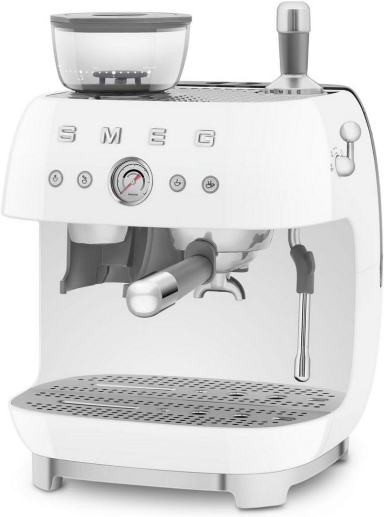 Machine à expresso manuelle Smeg EGF03CREU, avec moulin à grains intégré, thermoblock, 4 niveaux de température, buse vapeur et manomètre, réservoir 1 L, dimensions compactes, 1350 W, couleur crème