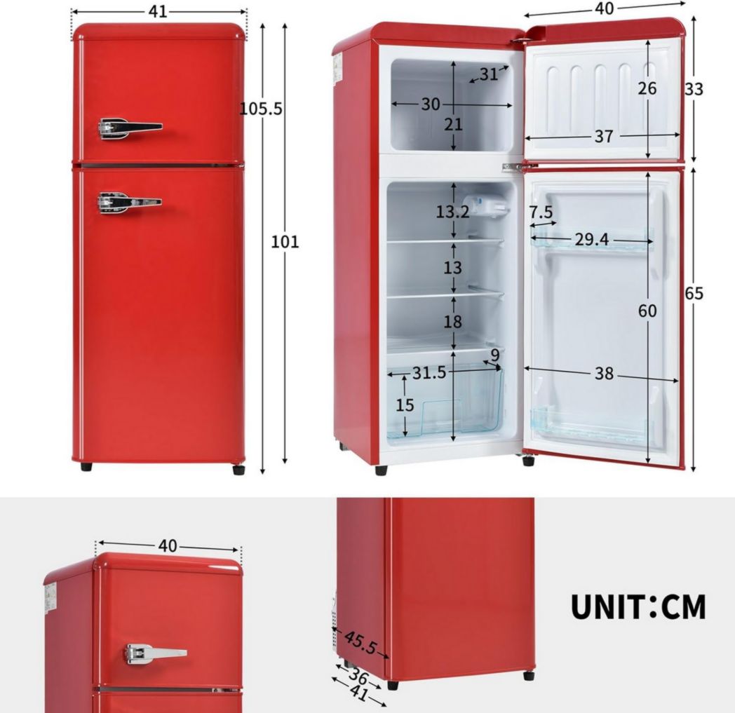 Réfrigérateur rétro Sweiko, congélateur vertical, éclairage LED, combiné réfrigérateur-congélateur, deux portes, volume total de 92 litres avec capacité de congélation de 28 litres (rouge)