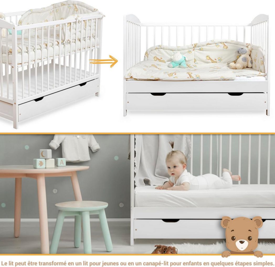 Lit bébé moto-MOLTICO 60x120 cm avec tiroir – Lit en bois réglable en hauteur, transformable en lit enfant avec barrières de sécurité – Lit bébé pour filles et garçons