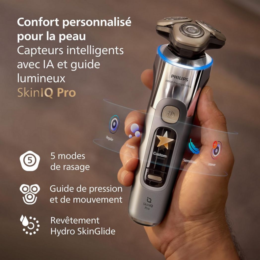Rasoir Philips i9000 Prestige Ultra, rasoir électrique 100 % étanche, technologie Skin IQ Pro, système Triple Lift & Cut, lames de précision NanoTech rotatives à 360°, 5 modes de rasage, XP9401/38