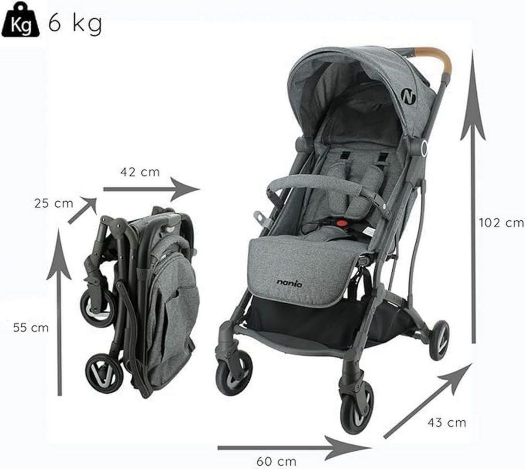 Poussette compacte CASSY 6-48 mois, légère et maniable - pliage d'une seule main - Sac de transport et porte-gobelet inclus - Nania (gris)