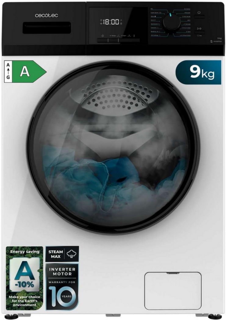 Lave-linge frontal Cecotec Bolero Dresscode 9410 Inverter A 9 kg. Puissance : 1 900 W, 1 400 tr/min réglable, 16 programmes, faible consommation d'énergie, vapeur, stérilisation du linge.