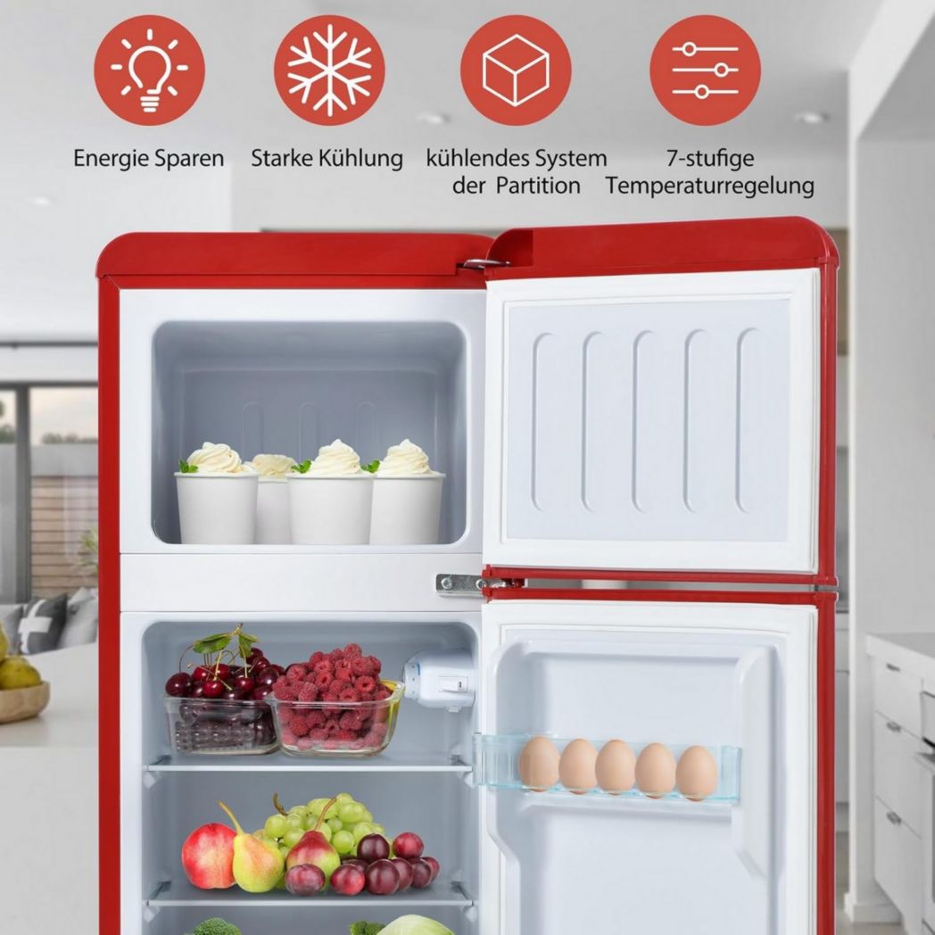 Réfrigérateur rétro Sweiko, congélateur vertical, éclairage LED, combiné réfrigérateur-congélateur, deux portes, volume total de 92 litres avec capacité de congélation de 28 litres (rouge)