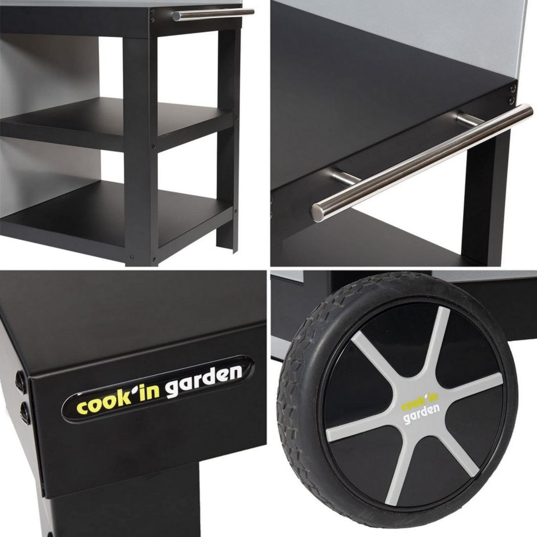 Cook'in Garden - Chariot Nova en acier noir pour plancha. Chariot d'extérieur à roulettes pour plancha et barbecue.