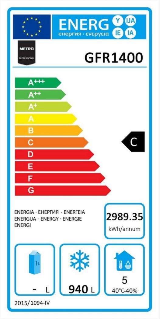 Armoire réfrigérée négative professionnelle METRO GFR1400, 131,4 x 80,5 x 206,5 cm, 940 L, refroidissement ventilé, 980 W, avec serrure, argent, réfrigérateur, congélateur, 2 portes, côte à côte