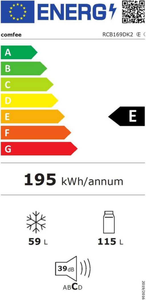 Réfrigérateur Comfee' RCB169DK2(E) avec congélateur / Hauteur 150 cm / Low Frost / Température de réfrigérateur réglable / Éclairage LED / 195 kWh/an / Réfrigérateur 115 L / Congélateur 59 L / Noir