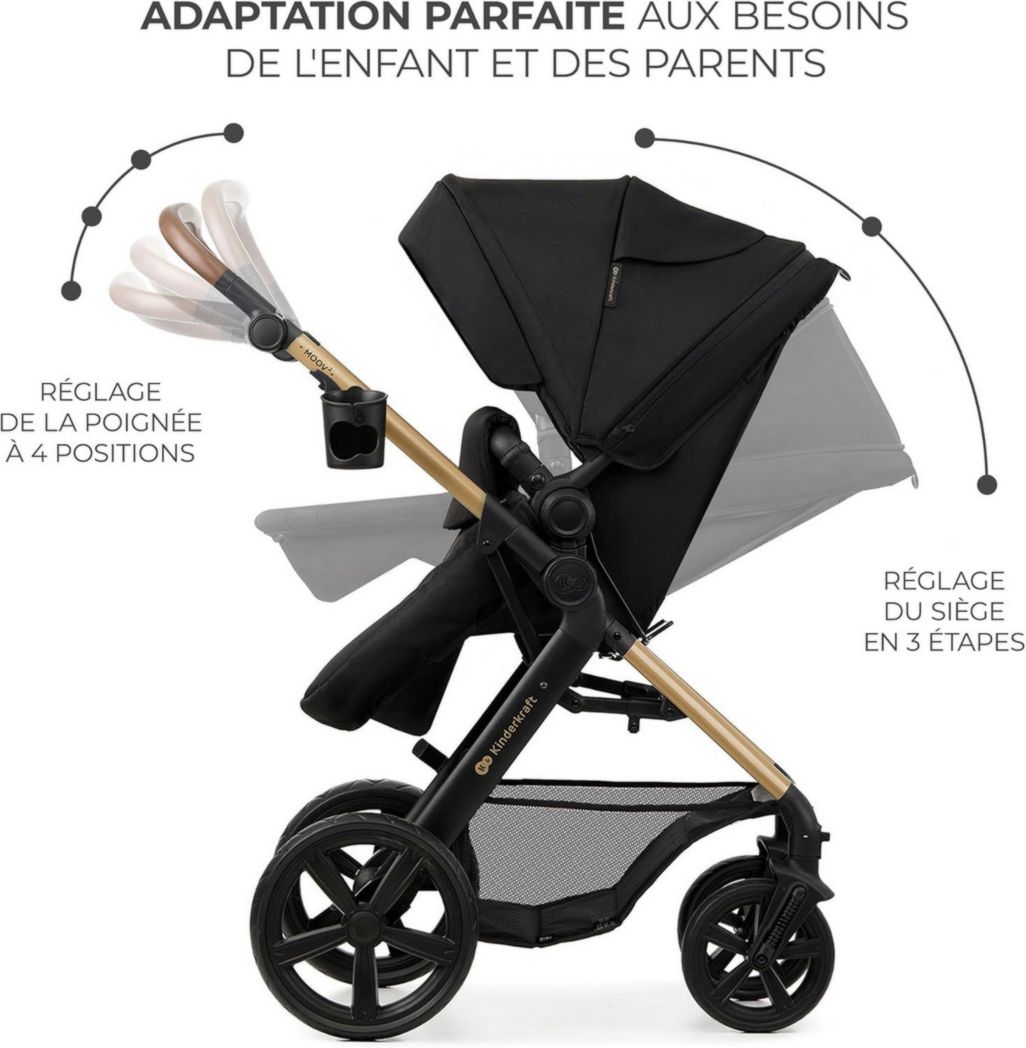 Poussette 3-en-1 Kinderkraft MOOV2, système de voyage de la naissance à 27 kg, siège auto Mink PRO I-Size inclus, pare-soleil extensible avec filtre UPF50+, accessoires pratiques, gris