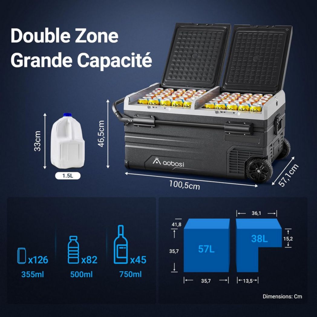 Glacière électrique double zone AAOBOSI 115 L, compresseur WiFi, 12 V/24 V et 100-240 V, pour camping, -20 °C à 20 °C, pour voiture, camion, bateau, camping, caravane, voyage, maison