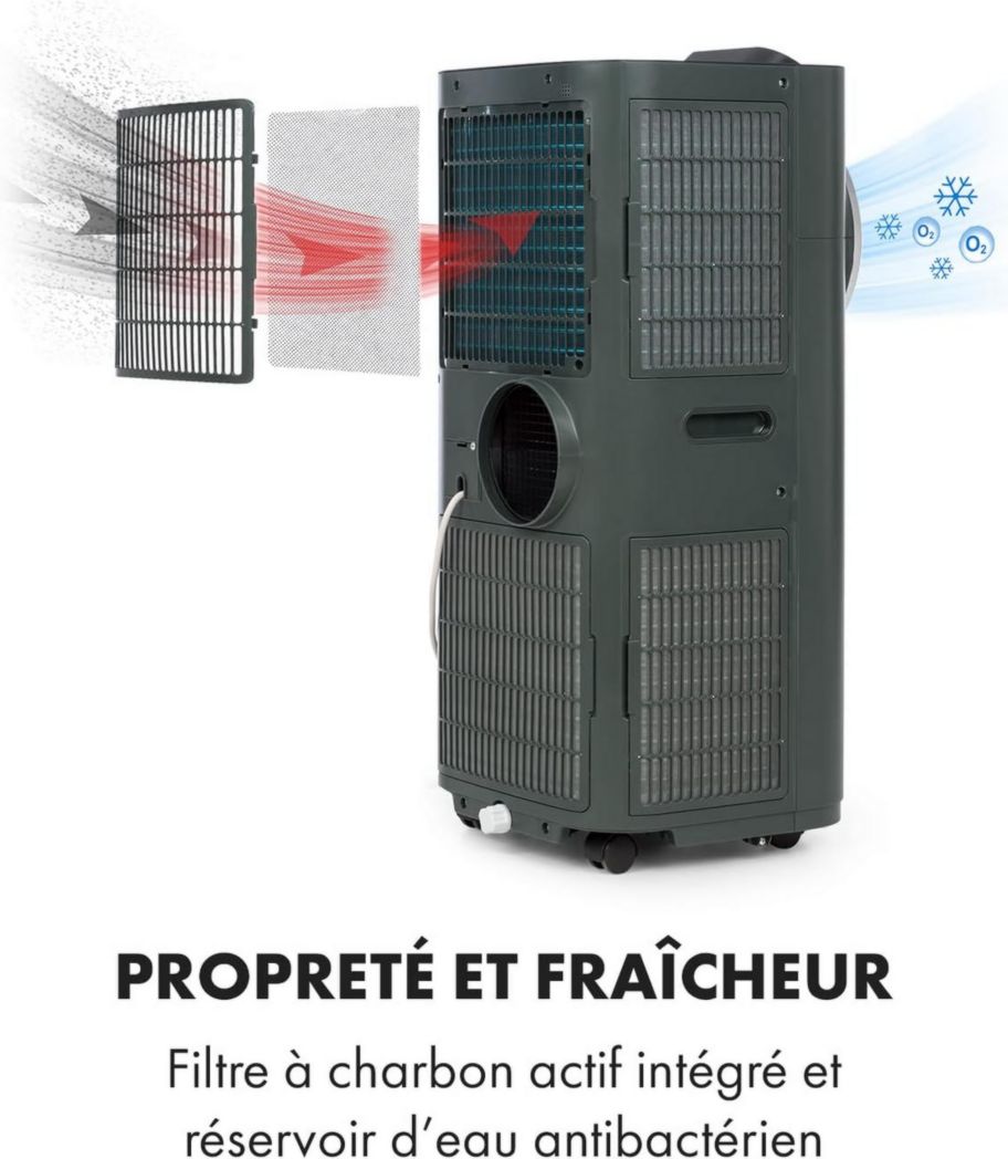 Climatiseur portable silencieux Klarstein, climatiseur portable 5 en 1, mini climatiseur, purificateur et éliminateur d'odeurs, mode nuit, déshumidificateur d'air, faible consommation, 10 000 BTU, climatiseurs