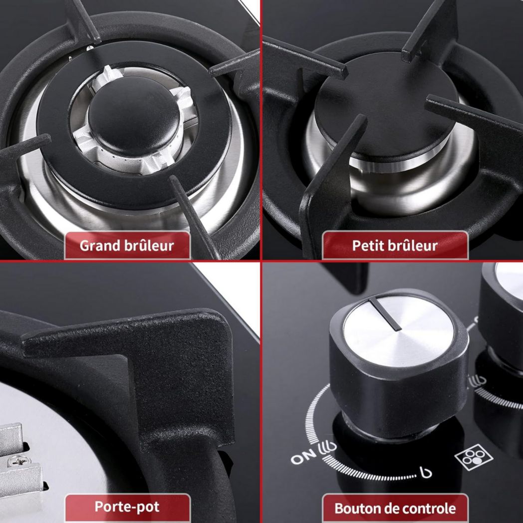 Plaque de cuisson à gaz 4 feux, plaque de cuisson 60 cm - Cuisinière encastrable - Gaz de ville et gaz en bouteille (4 feux - Verre)