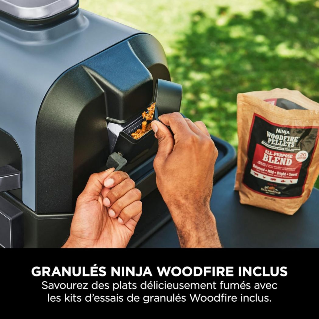 Barbecue et fumoir électrique Ninja Woodfire Pro XL avec thermomètre, barbecue d'extérieur 4 en 1 et friteuse à air avec système de cuisson intelligent et granulés de bois, portable, gris/noir, OG850EU