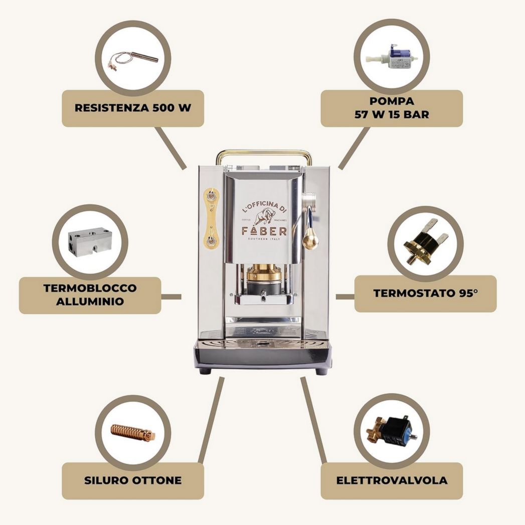 Machines à café Faber | Modèle Pro Total Inox Deluxe | Machine à café à dosettes 44 mm | Pressostat réglable en laiton | Électrovanne standard (laiton)
