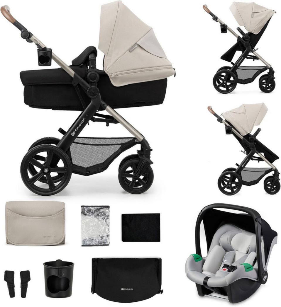 Poussette 3-en-1 Kinderkraft MOOV2, système de voyage de la naissance à 27 kg, siège auto Mink PRO I-Size inclus, pare-soleil extensible avec filtre UPF50+, accessoires pratiques, gris