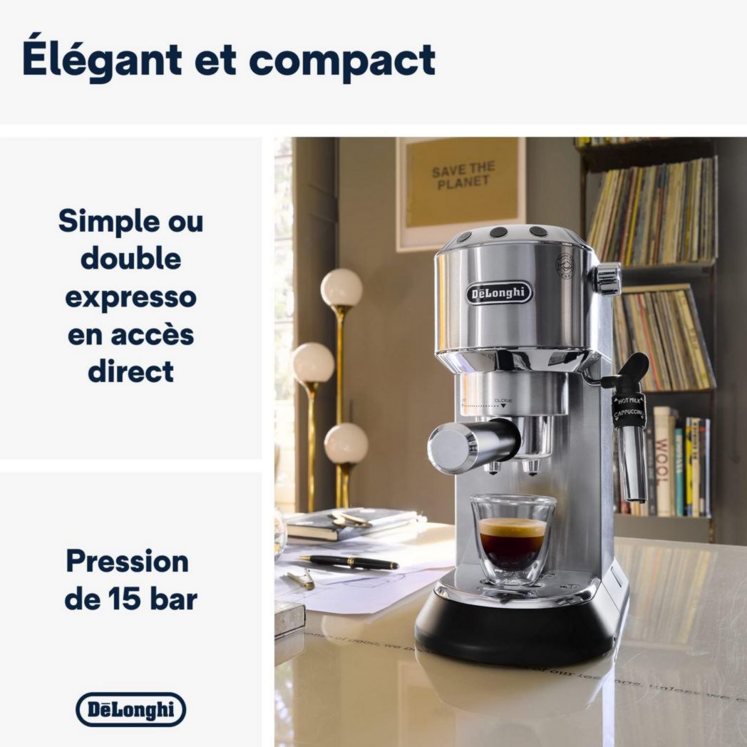 De'Longhi Dedica Style EC685.M, Machine à expresso avec buse à mousse de lait professionnelle, seulement 15 cm de large, réservoir de 1 L, boîtier en métal, compatible avec les dosettes ESE, métal