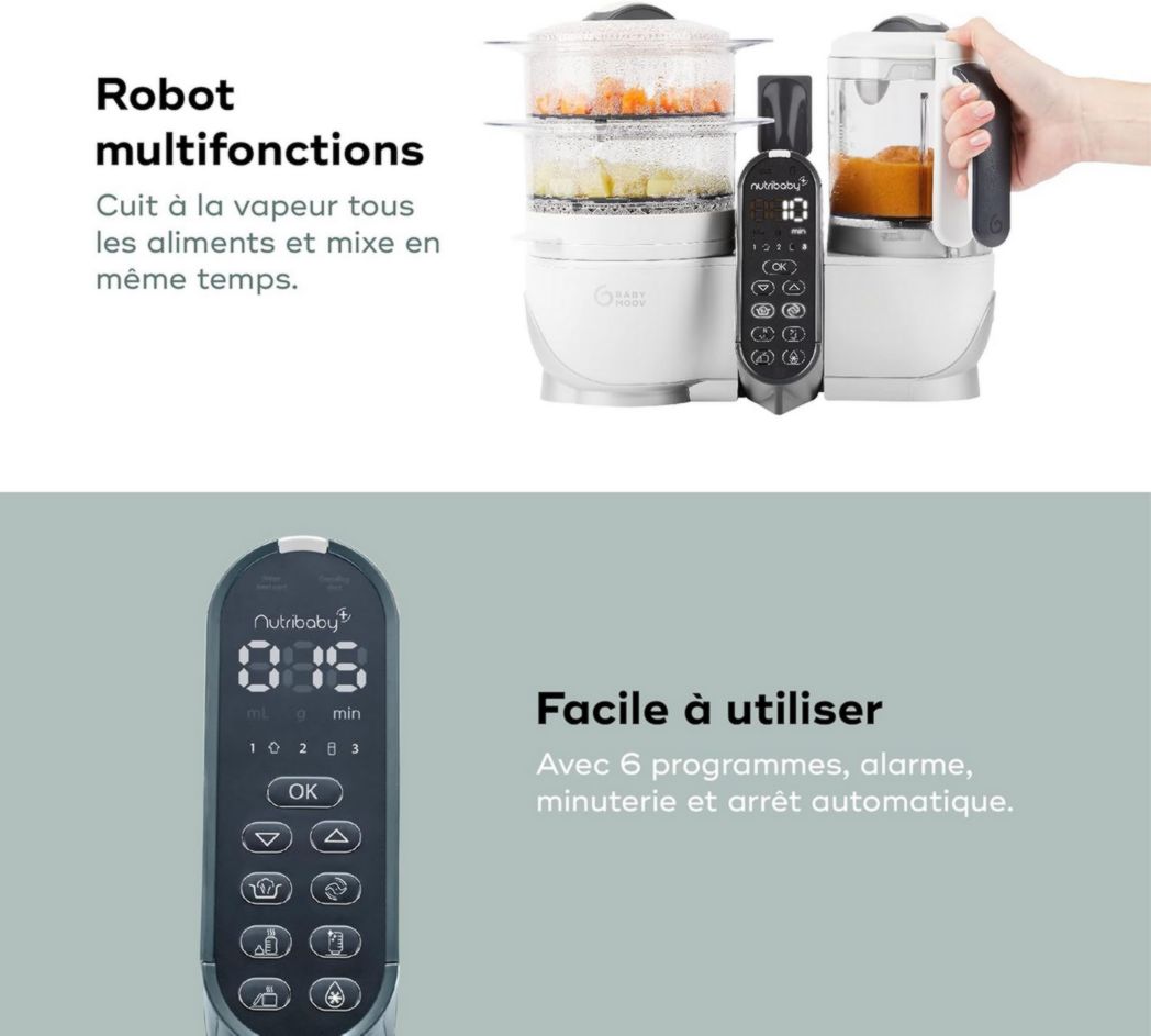 Babymoov Nutribaby(+), Robot cuiseur multifonction 6 en 1 pour bébé, cuiseur vapeur, grande capacité 2,2 L, petits pots maison, idéal pour diversifier les repas, vert opale