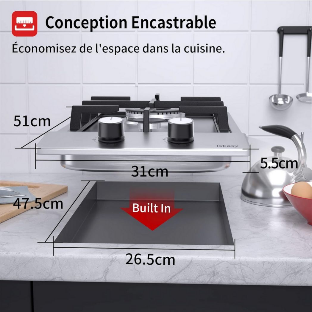 Plaque de cuisson à gaz 4 feux, plaque de cuisson 60 cm - Cuisinière encastrable - Gaz de ville et gaz en bouteille (4 feux - Verre)