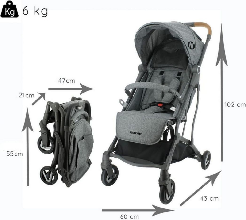 Poussette compacte CASSY 6-48 mois, légère et maniable - pliage d'une seule main - Sac de transport et porte-gobelet inclus - Nania (gris)