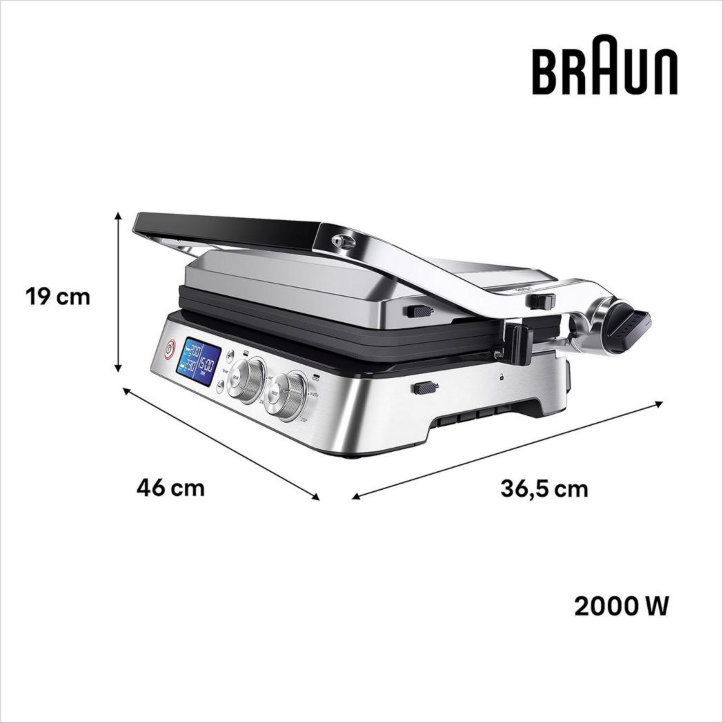 Braun MultiGrill 9 CG 9047, appareil à panini électrique avec plaques de cuisson, cuisson, gaufres, 2 thermostats indépendants, 3 positions de cuisson, plaques lavables au lave-vaisselle, 2 000 W, noir/acier inoxydable