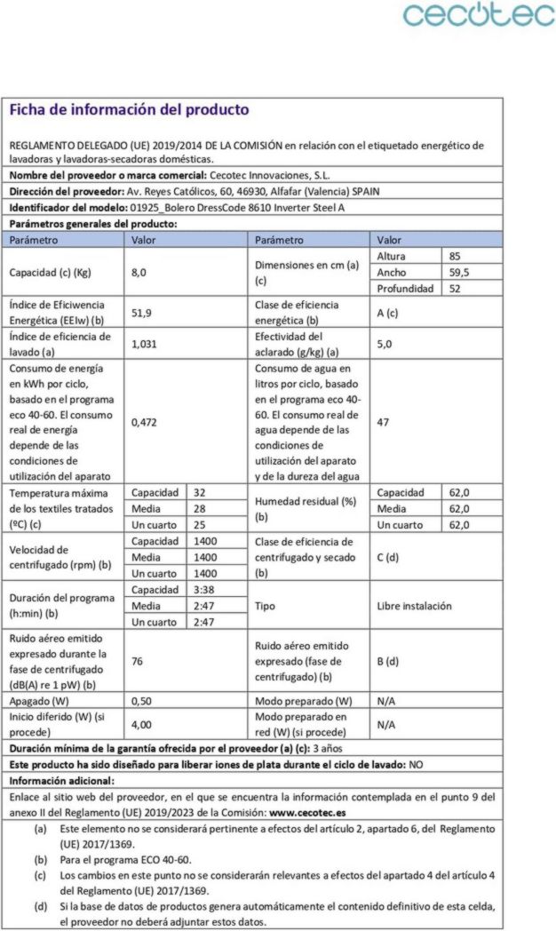 Lave-linge Cecotec 8 kg Bolero DressCode 8610 Inverter Steel A. Chargement frontal, 1400 tr/min, SteamMax, moteur Inverter Plus, 15 programmes, OnSmart, Stop&Go, DrumClean, revêtement antibactérien