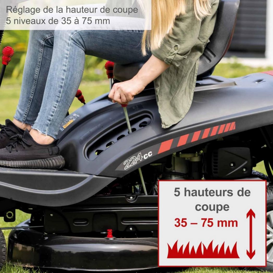 Tondeuse autoportée Scheppach MR196-61 – Moteur essence 4 temps 4,8 kW / 6,5 CV – Largeur de coupe 61 cm – 5 vitesses – Hauteur de coupe réglable