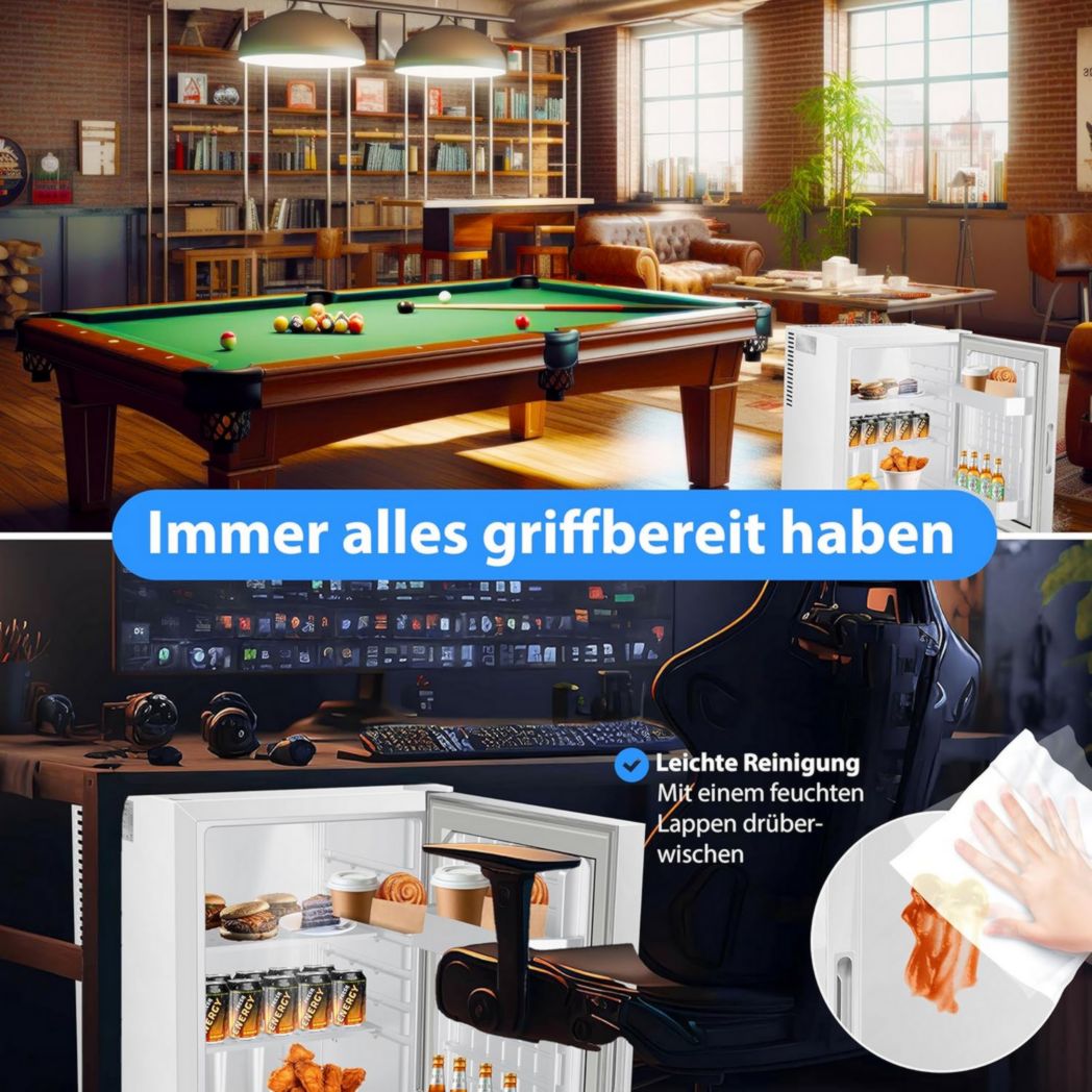 Mini-réfrigérateur KESSER® avec serrure, mini-bar 40 l, silencieux, 22 dB, verrouillable, chambre, butée de porte amovible, environ 4 à 16 °C, hauteur 57 cm, éclairage intérieur