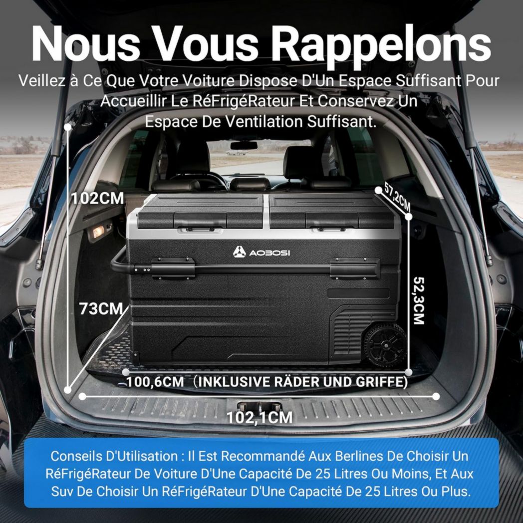 Glacière électrique double zone AAOBOSI 115 L, compresseur WiFi, 12 V/24 V et 100-240 V, pour camping, -20 °C à 20 °C, pour voiture, camion, bateau, camping, caravane, voyage, maison
