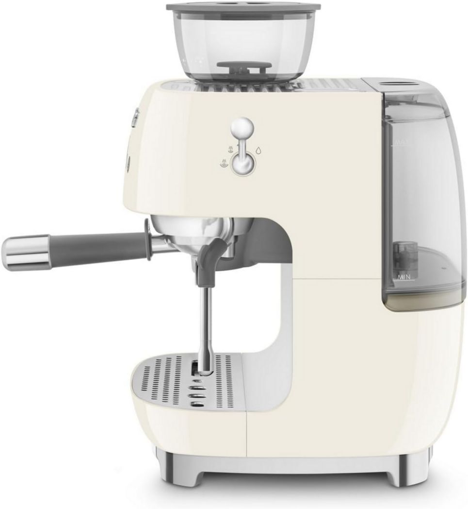Machine à expresso manuelle Smeg EGF03CREU, avec moulin à grains intégré, thermoblock, 4 niveaux de température, buse vapeur et manomètre, réservoir 1 L, dimensions compactes, 1350 W, couleur crème