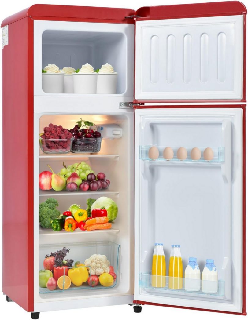 Réfrigérateur rétro Sweiko, congélateur vertical, éclairage LED, combiné réfrigérateur-congélateur, deux portes, volume total de 92 litres avec capacité de congélation de 28 litres (rouge)