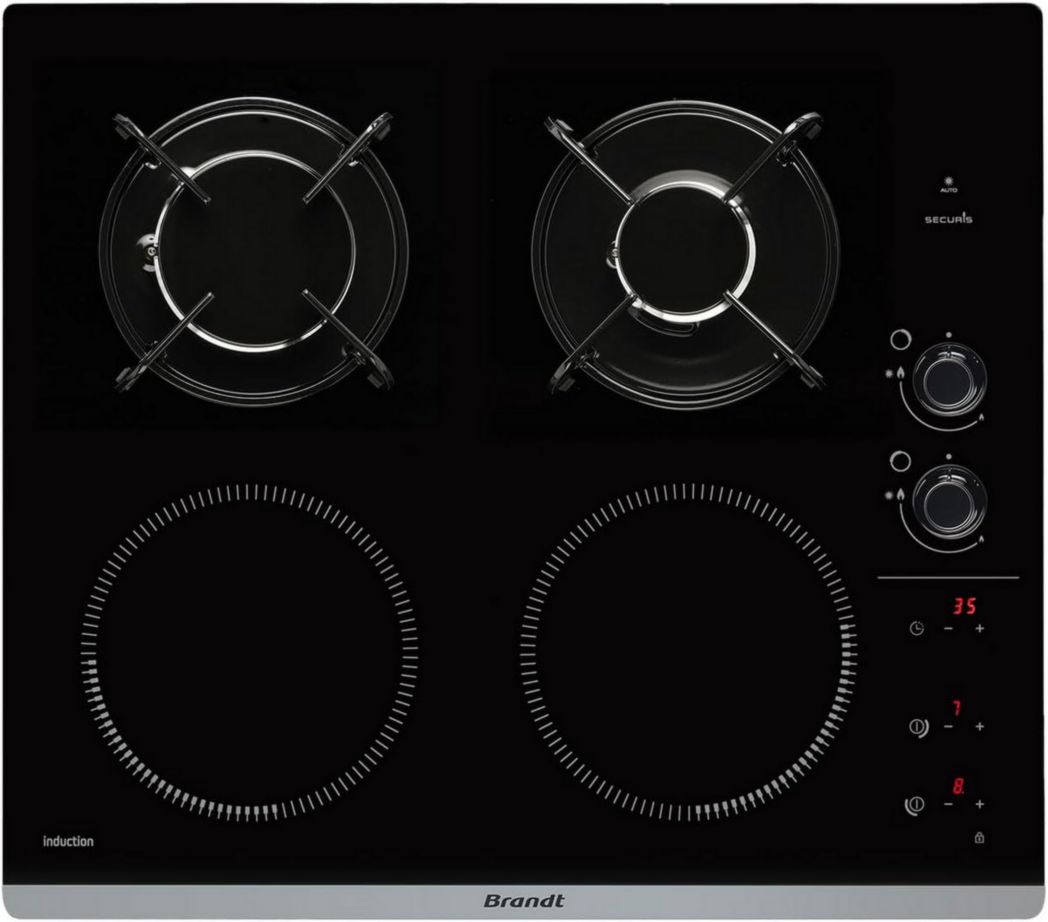 Brandt - BPI6413BM - Plaque de cuisson induction et gaz - Noir - 4 feux - 3400 W électrique et 4600 gaz - Dimensions encastrables : 56 x 49 cm - 9 positions par foyer - Fabriqué en France