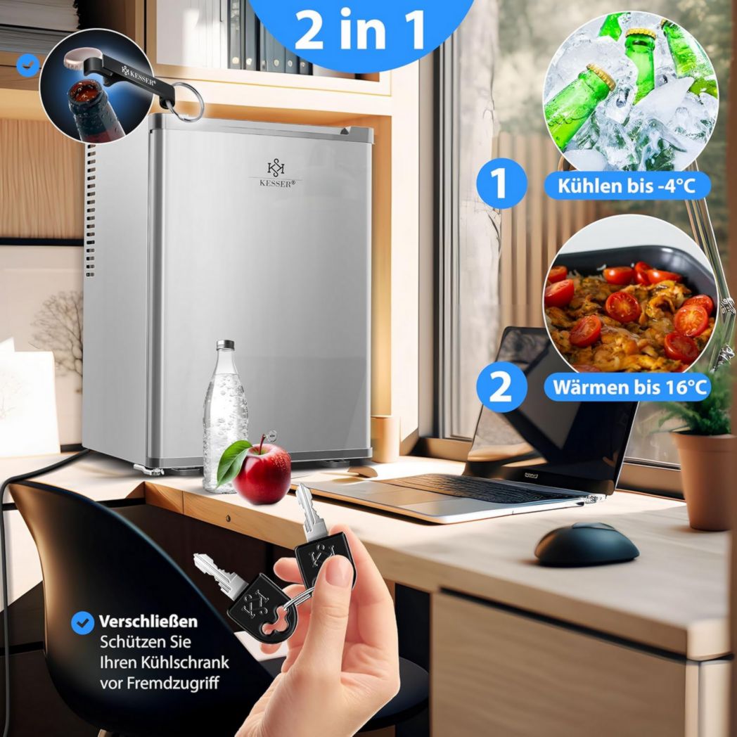 Mini-réfrigérateur KESSER® avec serrure, mini-bar 40 l, silencieux, 22 dB, verrouillable, chambre, butée de porte amovible, environ 4 à 16 °C, hauteur 57 cm, éclairage intérieur