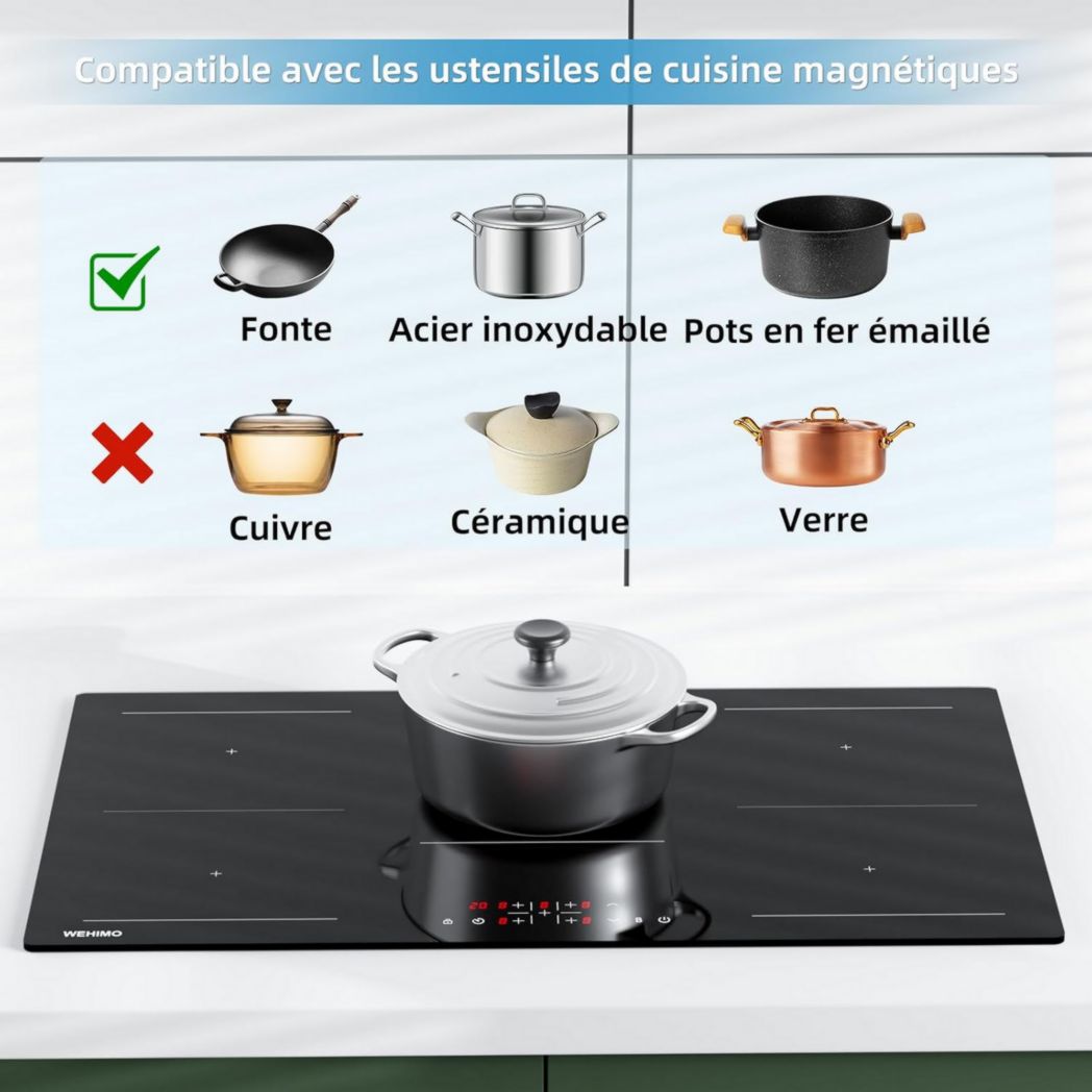 Plaque de cuisson vitrocéramique encastrable 4 feux, WEHIMO 6000W - 59cm - Minuterie, 9 niveaux de puissance, commande tactile, sécurité enfant...